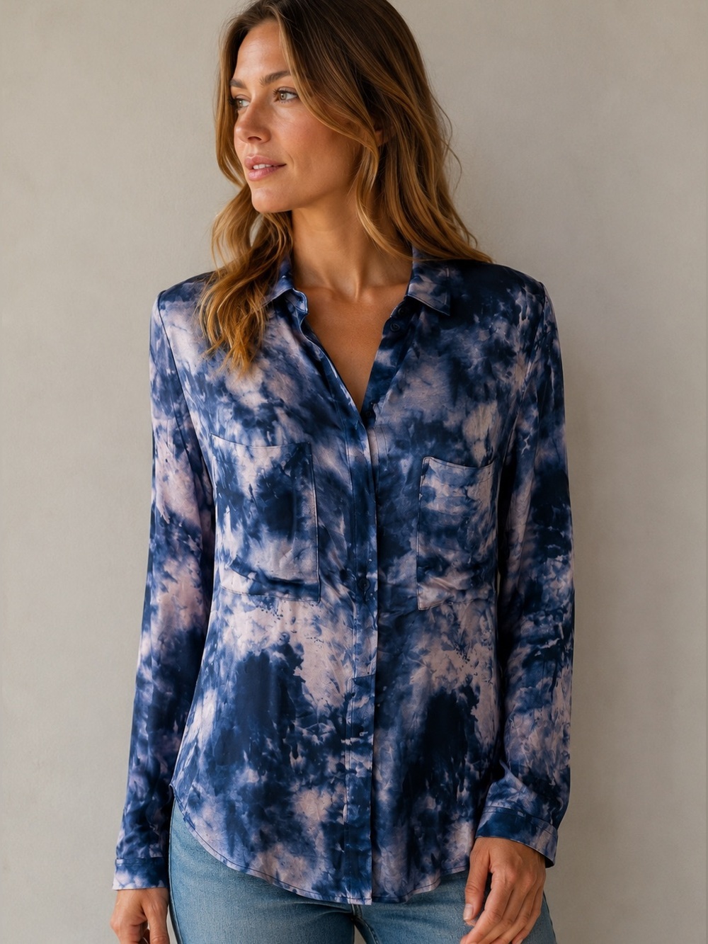 Bella Dahl Blue Purple Tie Dye Rayon Button Down Shirt Medium